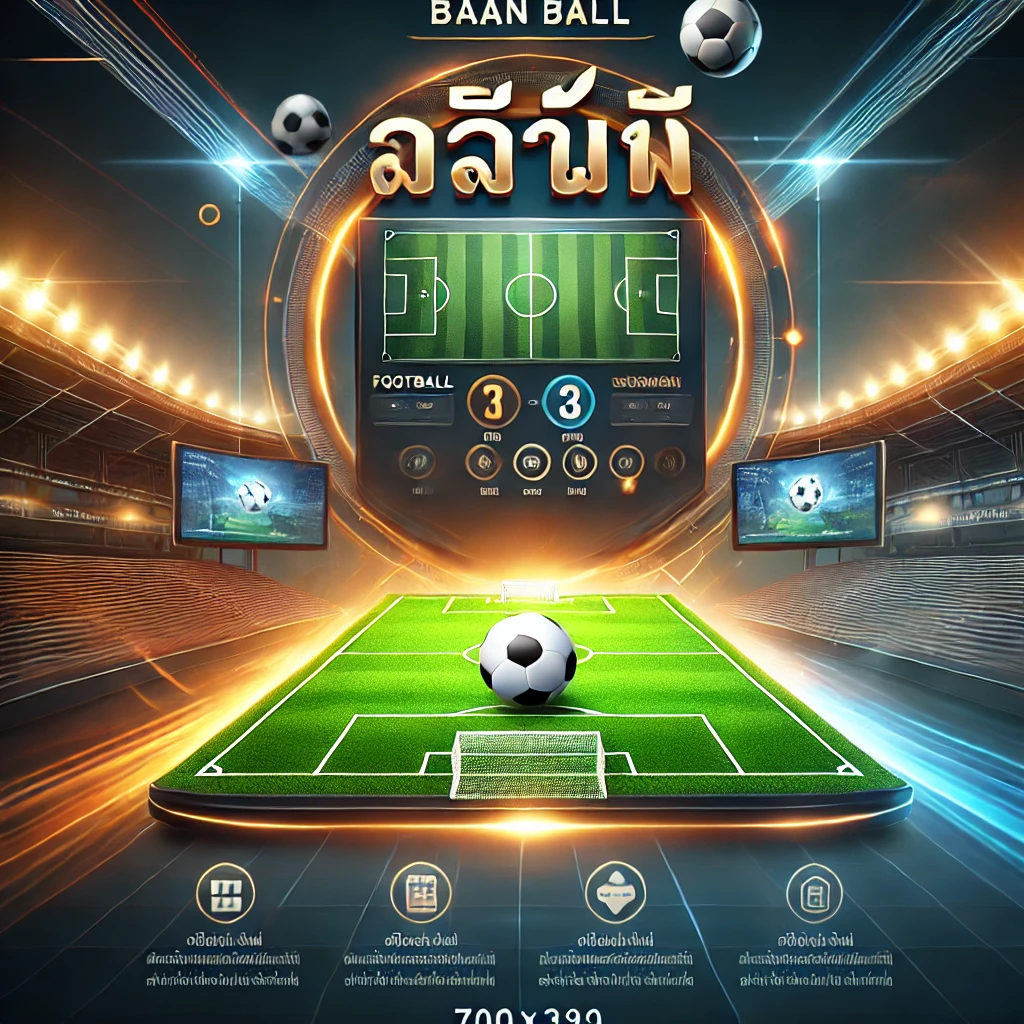 DALL·E 2024 12 05 09.19.49 A sleek and modern design representing บ้านผลบอล Baan Ball featuring a vibrant football themed layout. The design includes a football field with